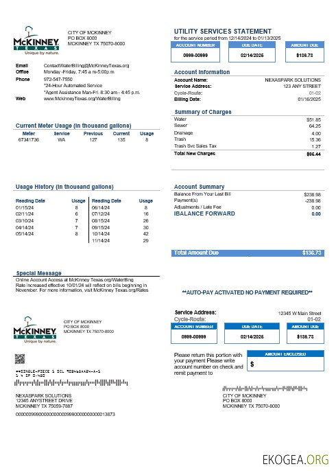 Modèle de facture de services publics des États Unis Texas McKinney aux formats Word et PDF